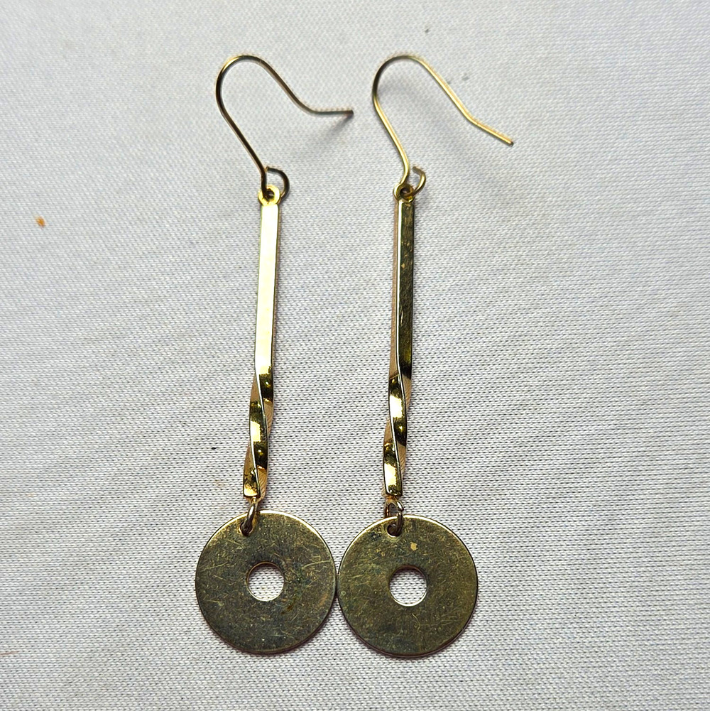 Gold Tone Metal Dangle/Drop Hook Earrings Round Disc Charm No Stone